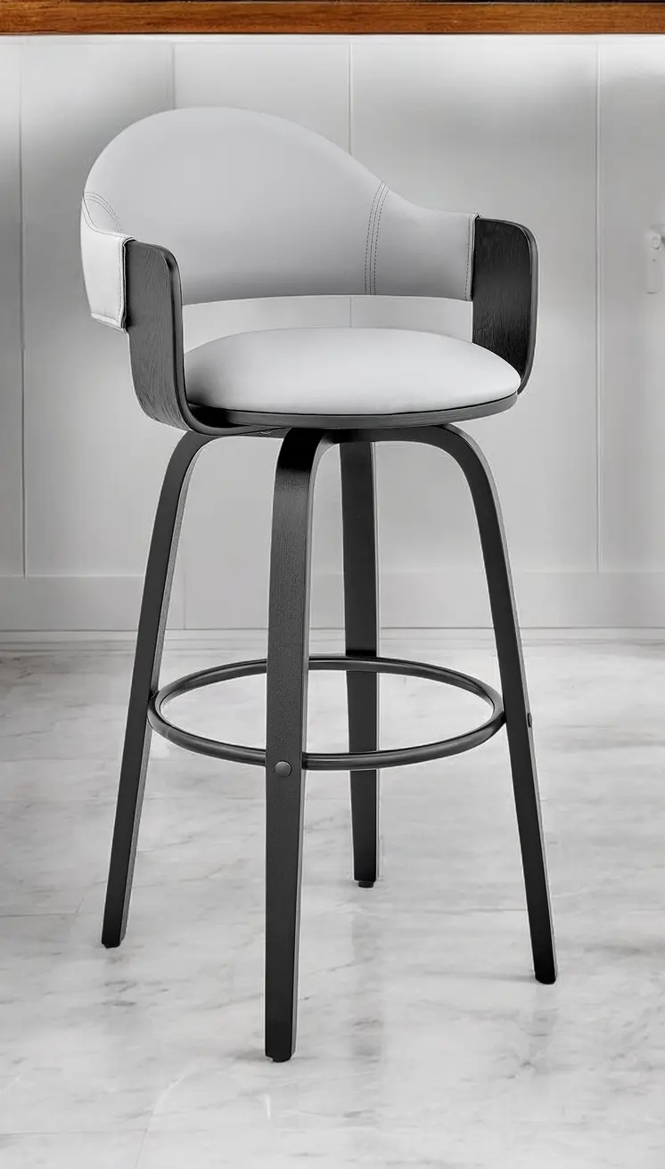 30" Gray and Black Fabric and Iron Low Back Bar Height Swivel Bar Chair