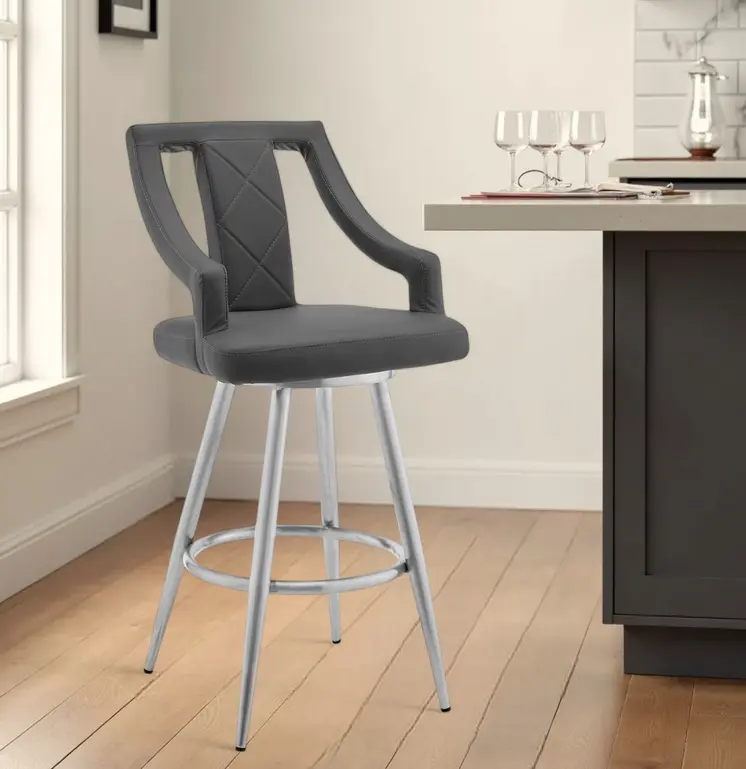 25" Gray and Silver Faux Leather and Iron Counter Height Swivel Bar Chair