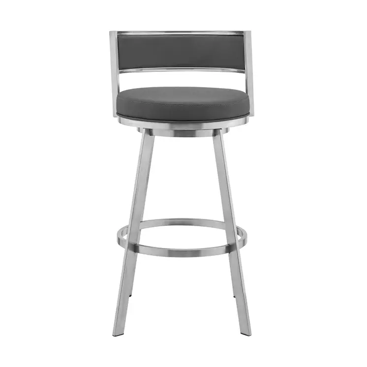 26" Gray and Silver Faux Leather and Iron Low Back Counter Height Swivel Bar Chair