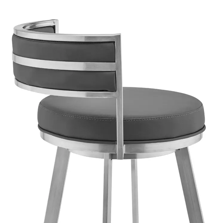 26" Gray and Silver Faux Leather and Iron Low Back Counter Height Swivel Bar Chair