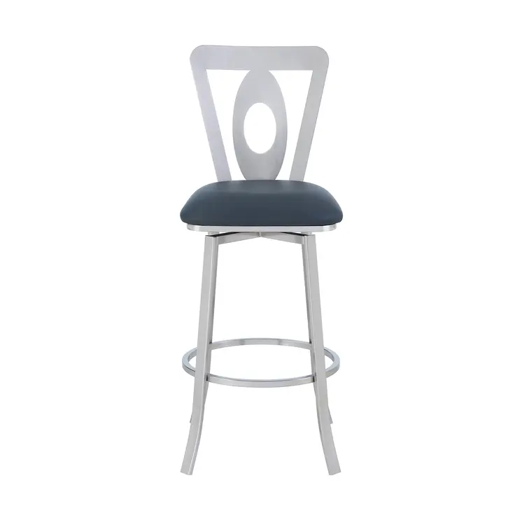 30" Gray And Silver Faux Leather And Iron Swivel Bar Height Bar Chair
