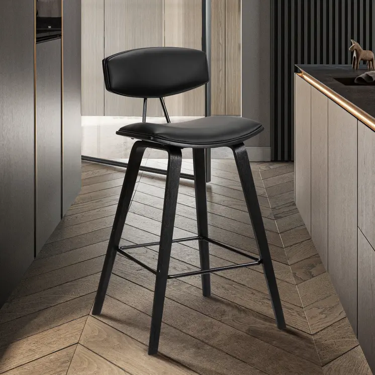 29" Black Faux Leather and Iron Low Back Bar Height Bar Chair