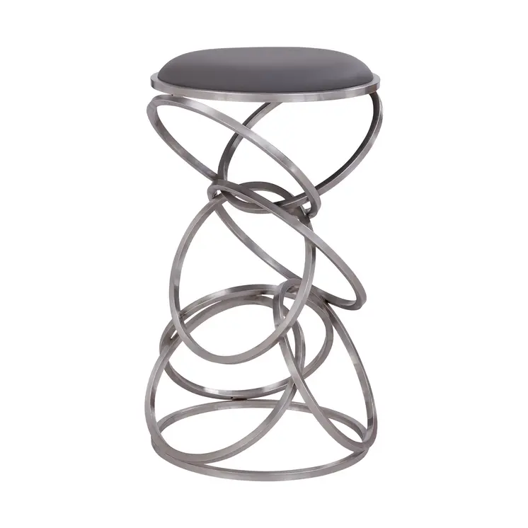 30" Gray And Silver Faux Leather And Iron Backless Bar Height Bar Chair