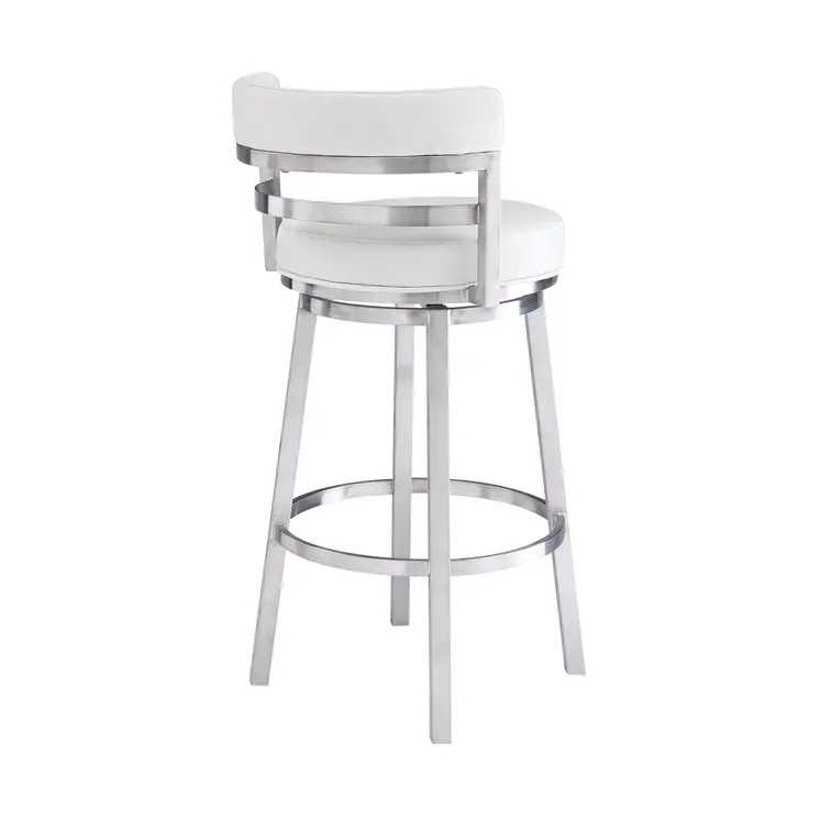 30" White and Silver Faux Leather and Iron Low Back Bar Height Swivel Bar Chair