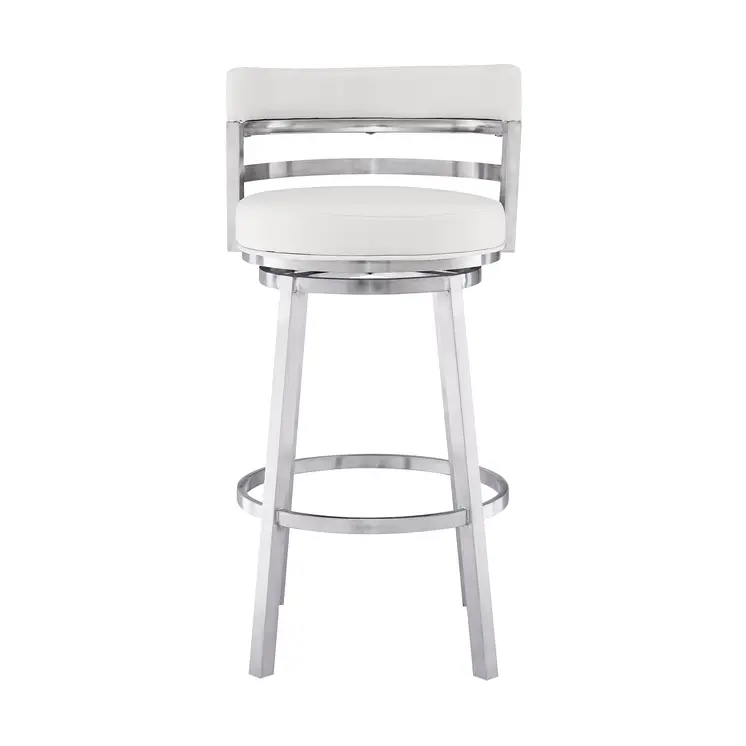30" White and Silver Faux Leather and Iron Low Back Bar Height Swivel Bar Chair