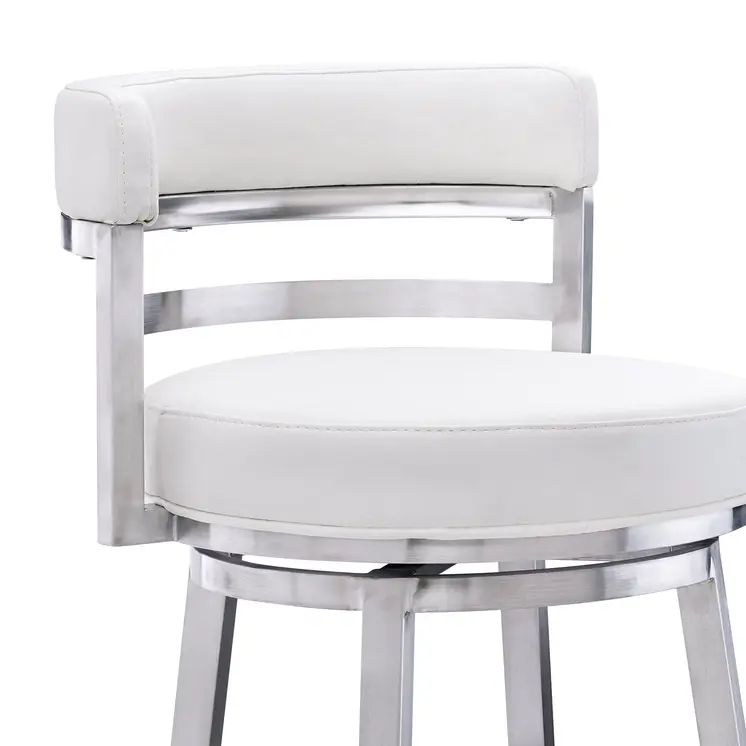 30" White and Silver Faux Leather and Iron Low Back Bar Height Swivel Bar Chair