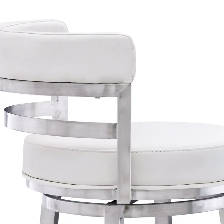 30" White and Silver Faux Leather and Iron Low Back Bar Height Swivel Bar Chair