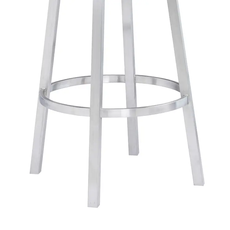30" White and Silver Faux Leather and Iron Low Back Bar Height Swivel Bar Chair