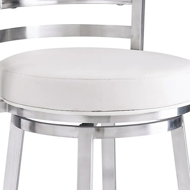30" White and Silver Faux Leather and Iron Low Back Bar Height Swivel Bar Chair