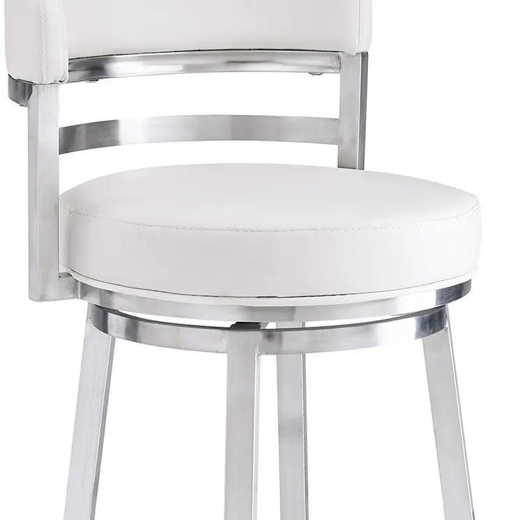 30" White and Silver Faux Leather and Iron Low Back Bar Height Swivel Bar Chair