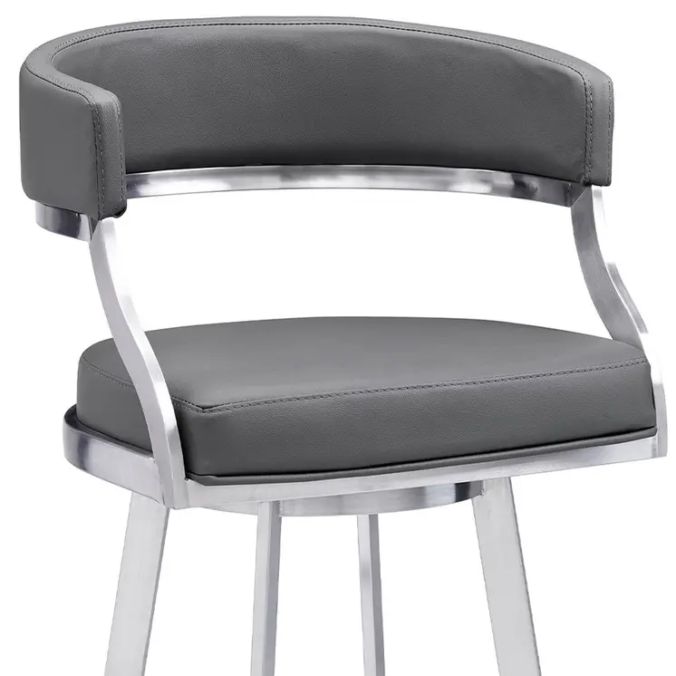 30" Gray and Silver Faux Leather and Iron Low Back Bar Height Swivel Bar Chair