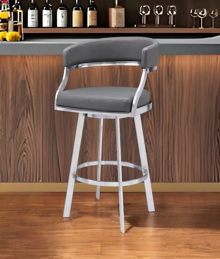 26" Gray and Silver Faux Leather and Iron Low Back Counter Height Swivel Bar Chair