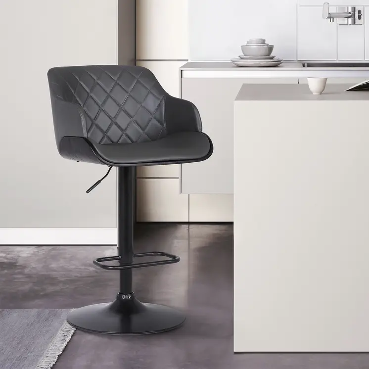 Gray and Black Faux Leather and Iron Low Back Adjustable Height Swivel Bar Chair