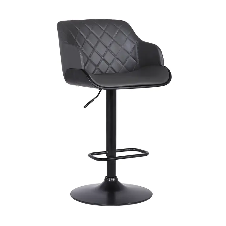 Gray and Black Faux Leather and Iron Low Back Adjustable Height Swivel Bar Chair