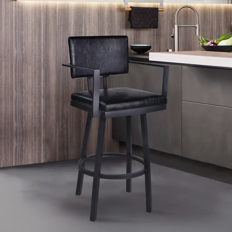 26" Black Faux Leather and Iron Counter Height Swivel Bar Chair