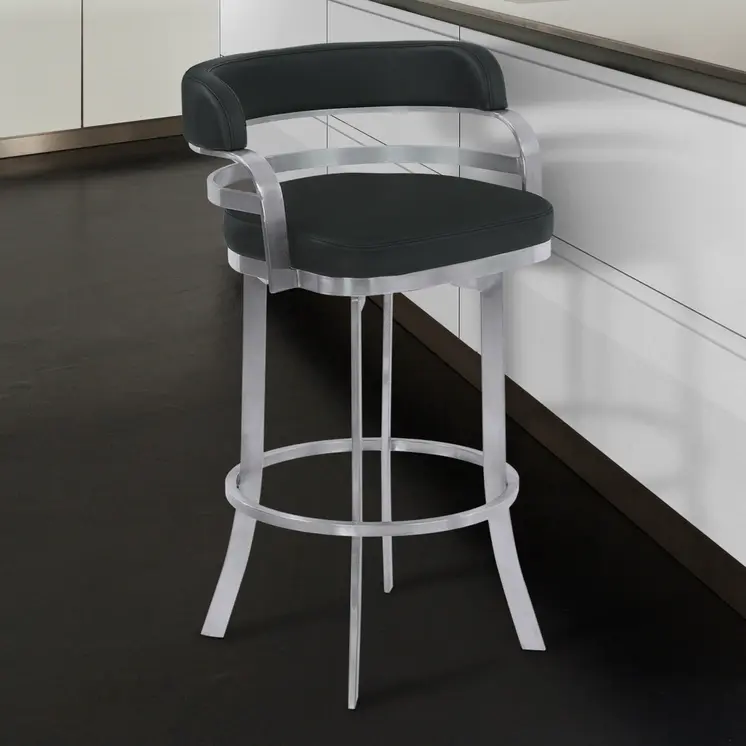 26" Black and Silver Faux Leather and Iron Low Back Counter Height Swivel Bar Chair