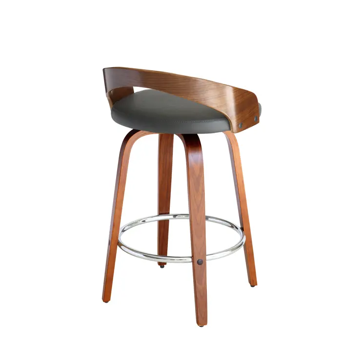 26" Gray and Brown Faux Leather and Iron Low Back Counter Height Swivel Bar Chair