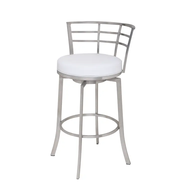 26" White And Silver Faux Leather And Iron Swivel Low Back Counter Height Bar Chair