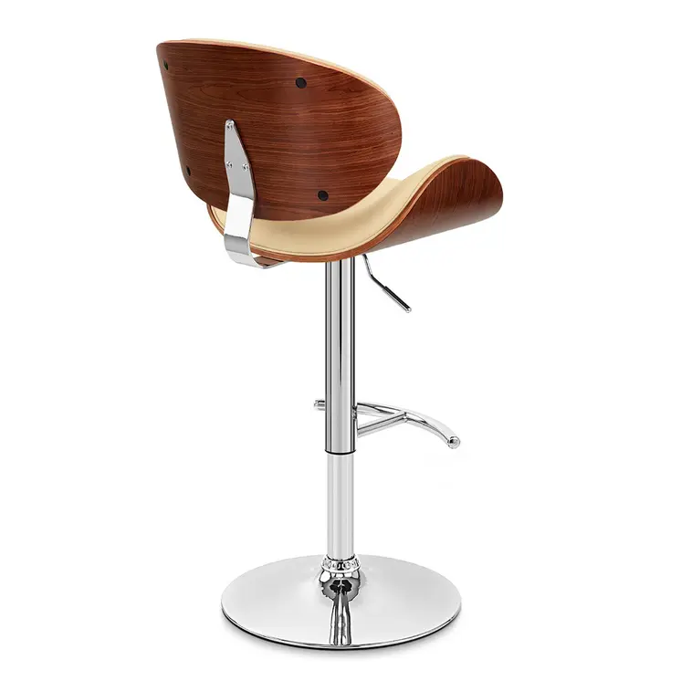 Cream and Silver Faux Leather and Solid Wood Low Back Adjustable Height Swivel Bar Chair