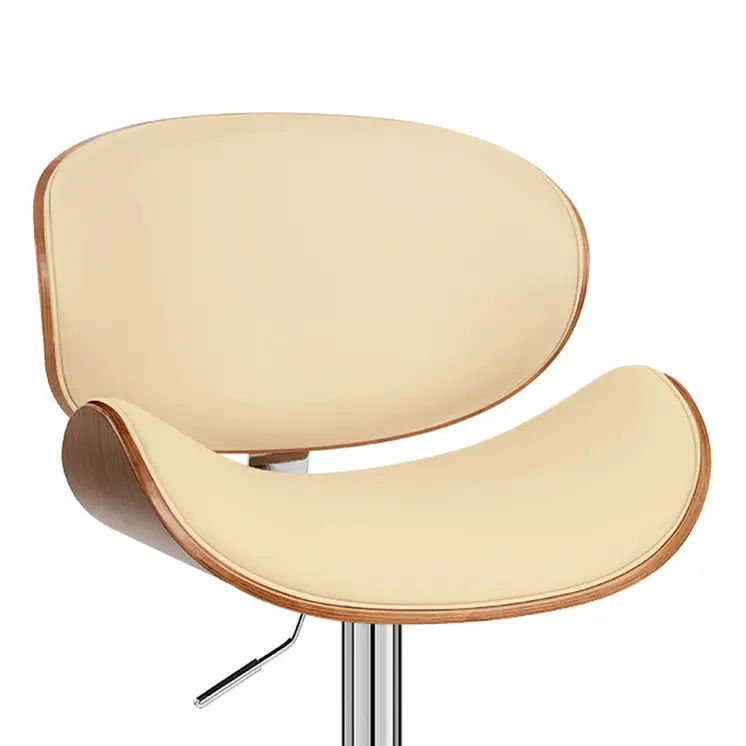 Cream and Silver Faux Leather and Solid Wood Low Back Adjustable Height Swivel Bar Chair
