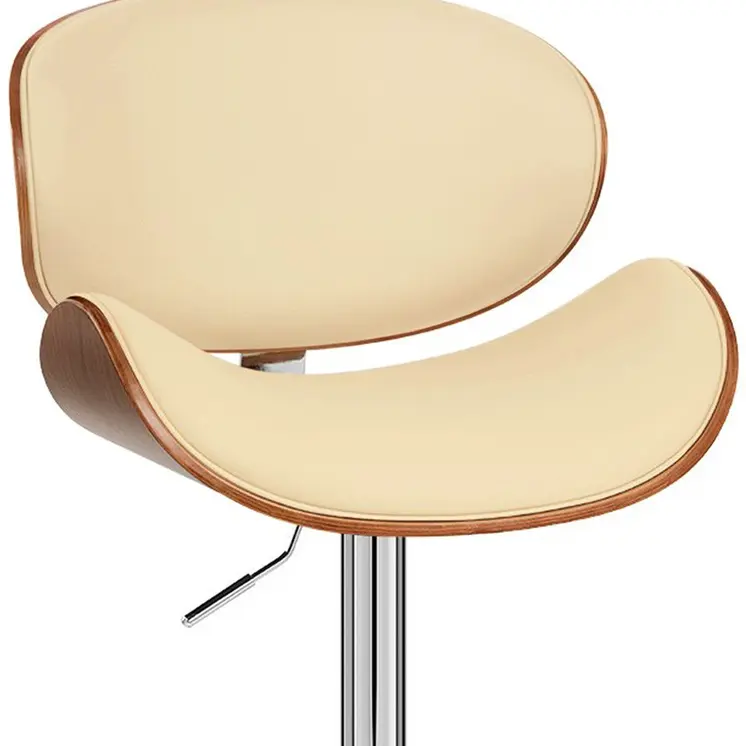 Cream and Silver Faux Leather and Solid Wood Low Back Adjustable Height Swivel Bar Chair