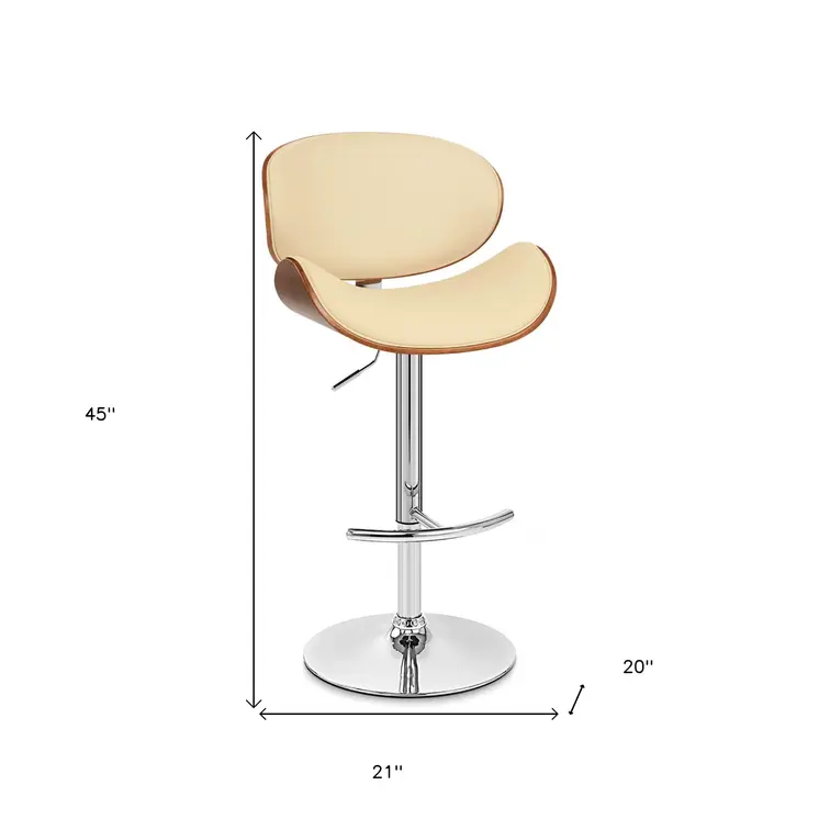 Cream and Silver Faux Leather and Solid Wood Low Back Adjustable Height Swivel Bar Chair