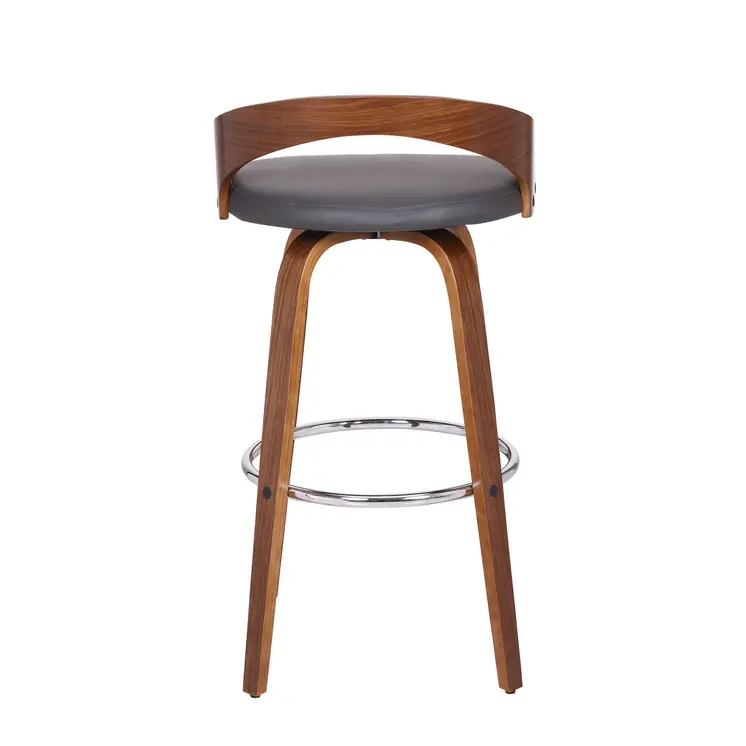 30" Gray and Brown Faux Leather and Iron Low Back Bar Height Swivel Bar Chair