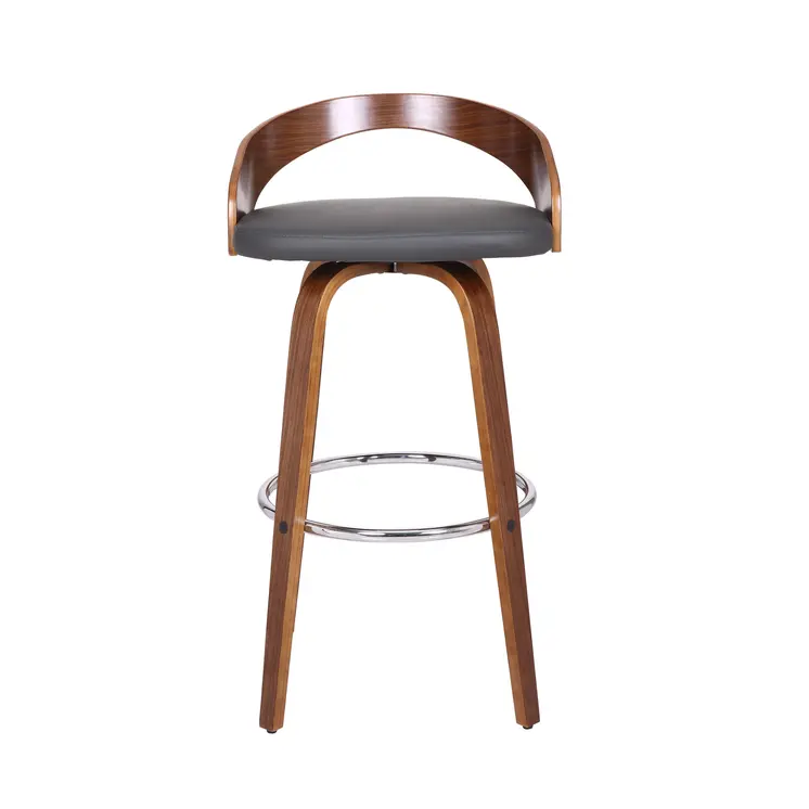 30" Gray and Brown Faux Leather and Iron Low Back Bar Height Swivel Bar Chair