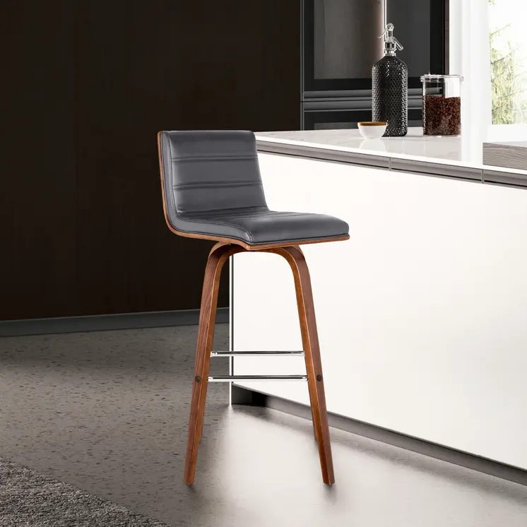 26" Gray and Brown Fabric and Solid Wood Low Back Counter Height Swivel Bar Chair