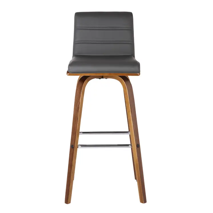 30" Gray and Brown Faux Leather and Solid Wood Low Back Bar Height Swivel Bar Chair
