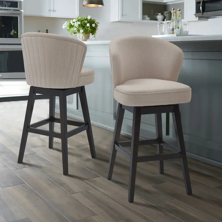 27" Tan and Espresso Fabric and Solid Wood Low Back Counter Height Swivel Bar Chair