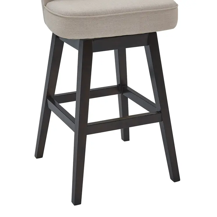 27" Tan and Espresso Fabric and Solid Wood Low Back Counter Height Swivel Bar Chair