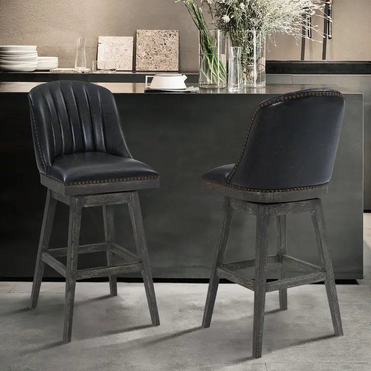 26" Brown and Gray Faux Leather and Solid Wood Counter Height Swivel Bar Chair