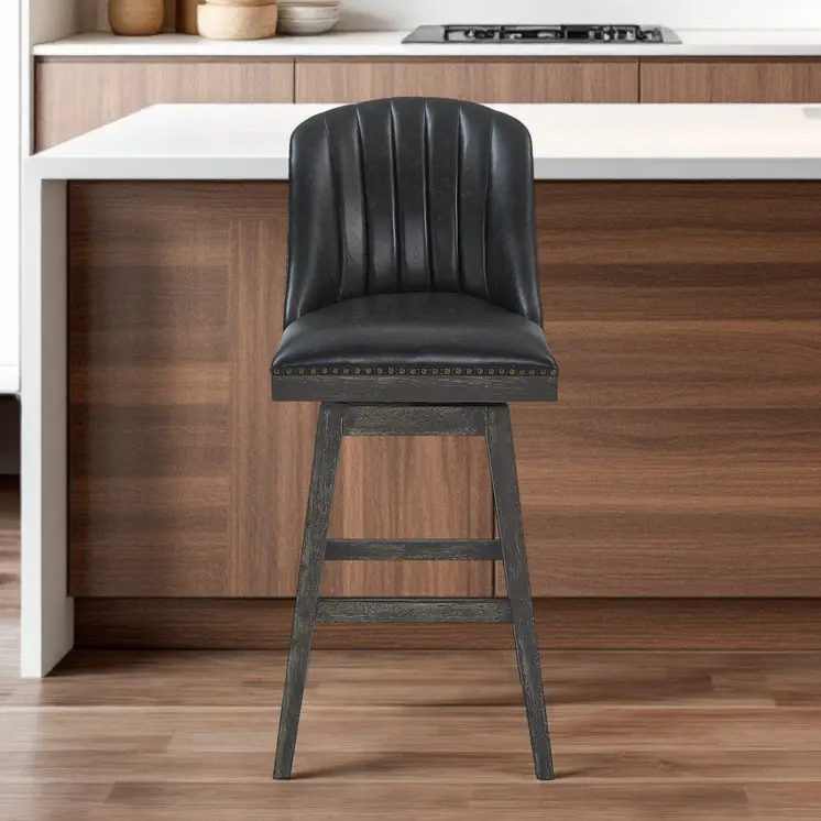 26" Brown and Gray Faux Leather and Solid Wood Counter Height Swivel Bar Chair