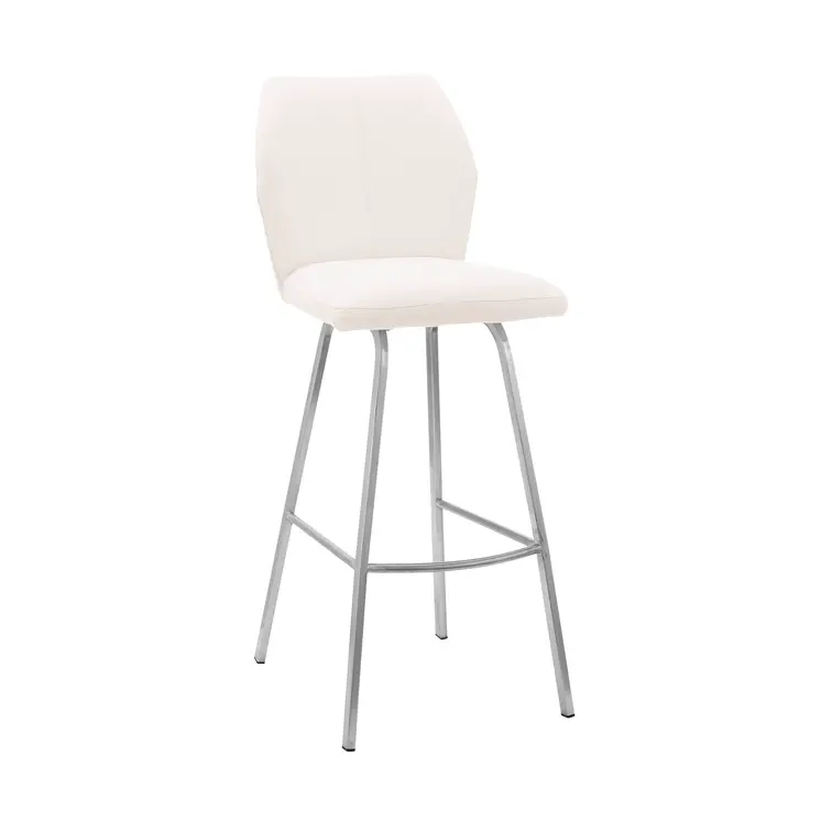 30" White And Silver Faux Leather And Iron Bar Height Bar Chair