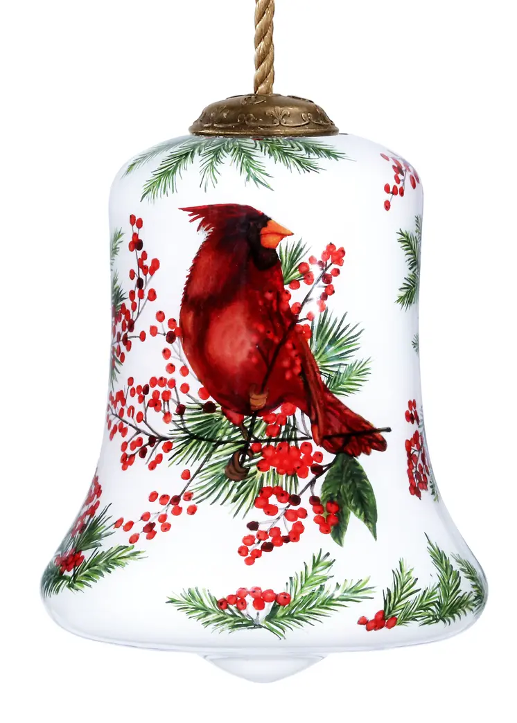 Cardinal Perched on Winter Berries Hand Painted Mouth Blown Glass Ornament
