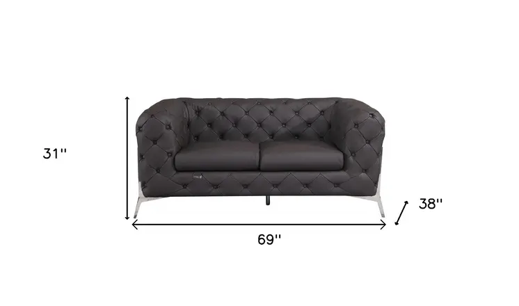 69" Brown And Silver Italian Leather Loveseat