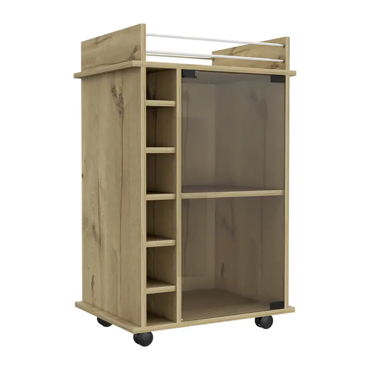 22" Brown Wood Rolling Bar Cart With Wine Storage