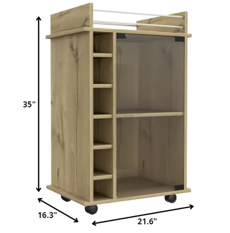 22" Brown Wood Rolling Bar Cart With Wine Storage