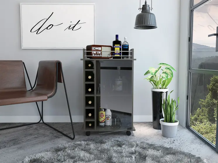 22" Espresso Wood Rolling Bar Cart With Wine Storage