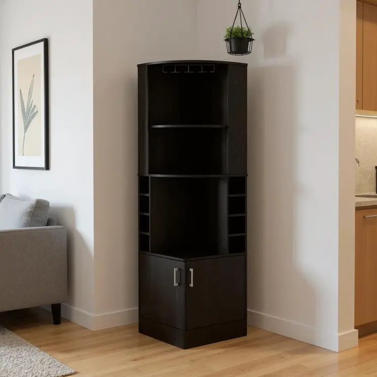 71" Black Wood Corner Bar Cabinet With Two Doors