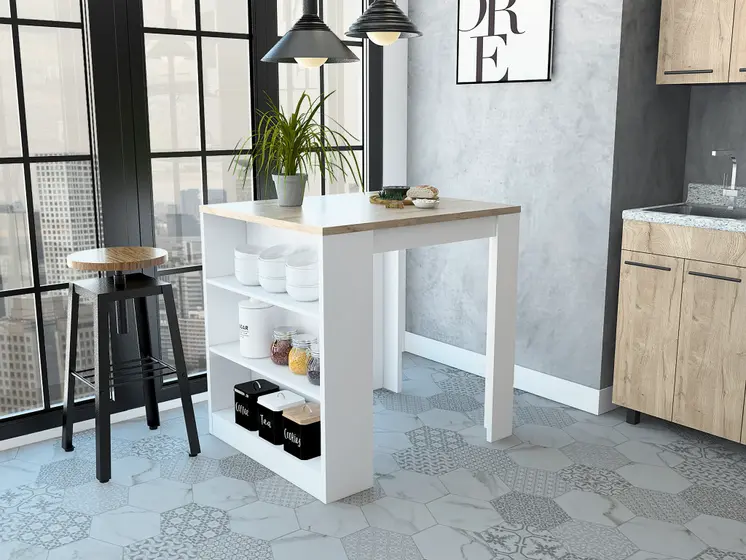 White and Natural 36" Kitchen Island With Storage