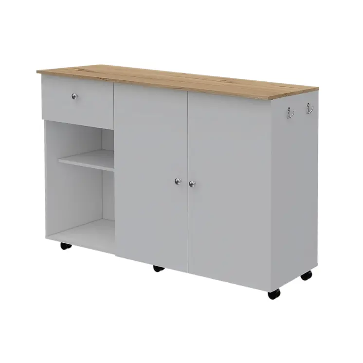 White and Natural 54" Rolling Kitchen Island With Storage