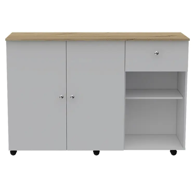 White and Natural 54" Rolling Kitchen Island With Storage