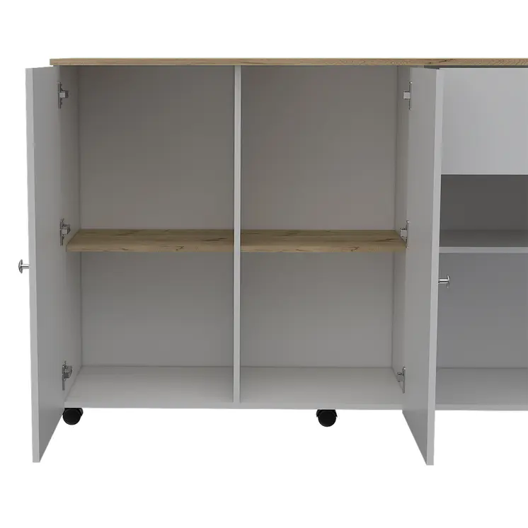 White and Natural 54" Rolling Kitchen Island With Storage