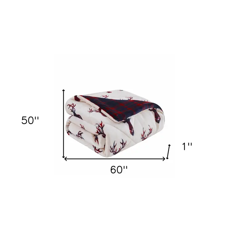 Deer Head Red Navy Printed Velvet and Velvet Throw Blanket