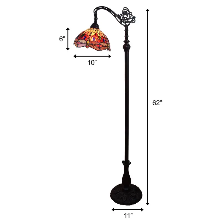 61" Black And Red Torchiere Floor Lamp With Red Dragonfly Glass Dome Shade