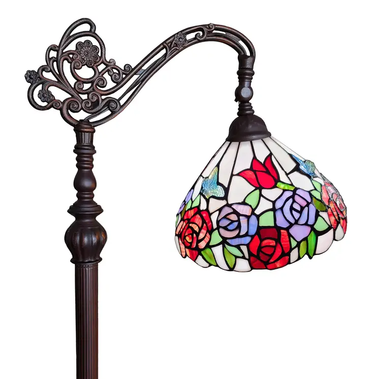 72" Espresso Torchiere Floor Lamp With Green And White Flowers Glass Dome Shade