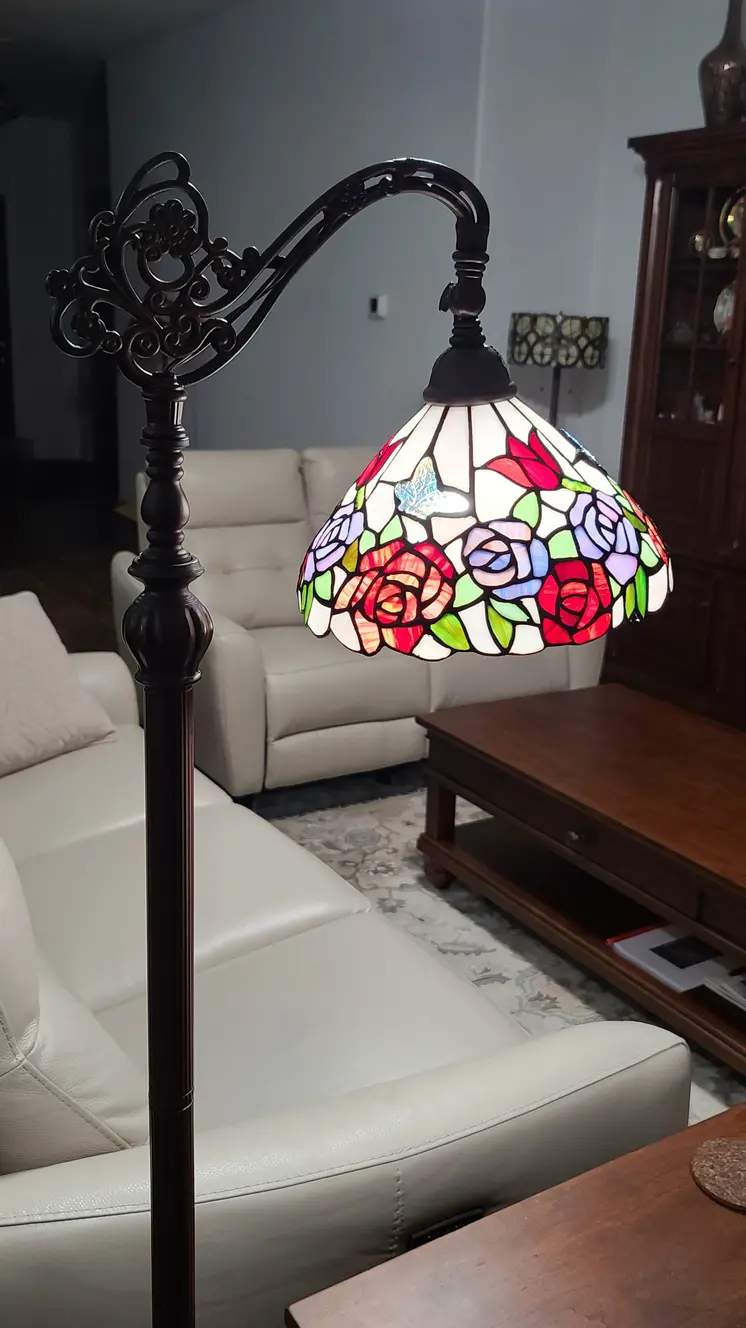 72" Espresso Torchiere Floor Lamp With Green And White Flowers Glass Dome Shade
