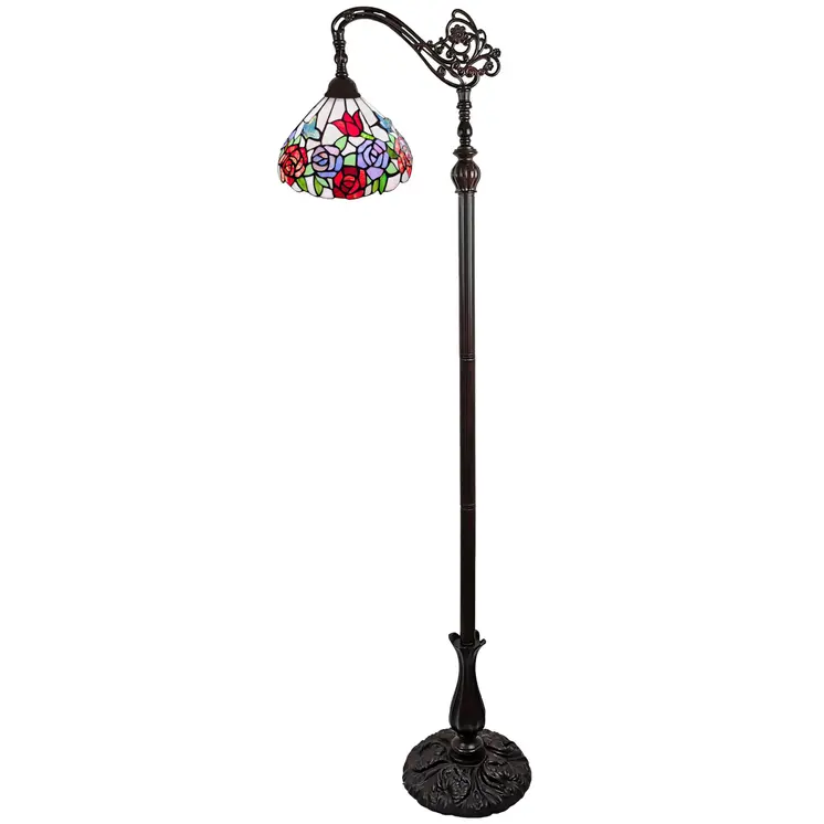 72" Espresso Torchiere Floor Lamp With Green And White Flowers Glass Dome Shade